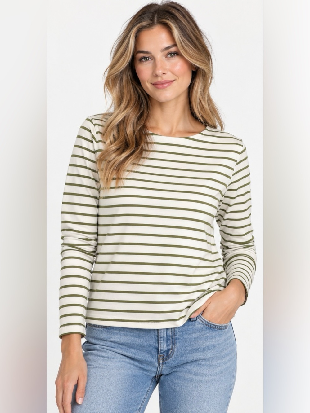MAX Organic Cotton Striped Long Sleeve Top Olive Green Ivory Medium